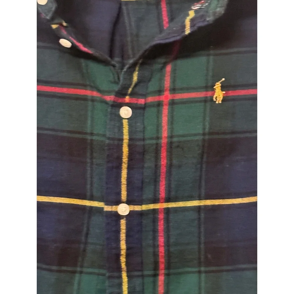 Ralph Lauren Boys 7 Green Navy Plaid Flannel Button Down Shirt Preppy Heritage